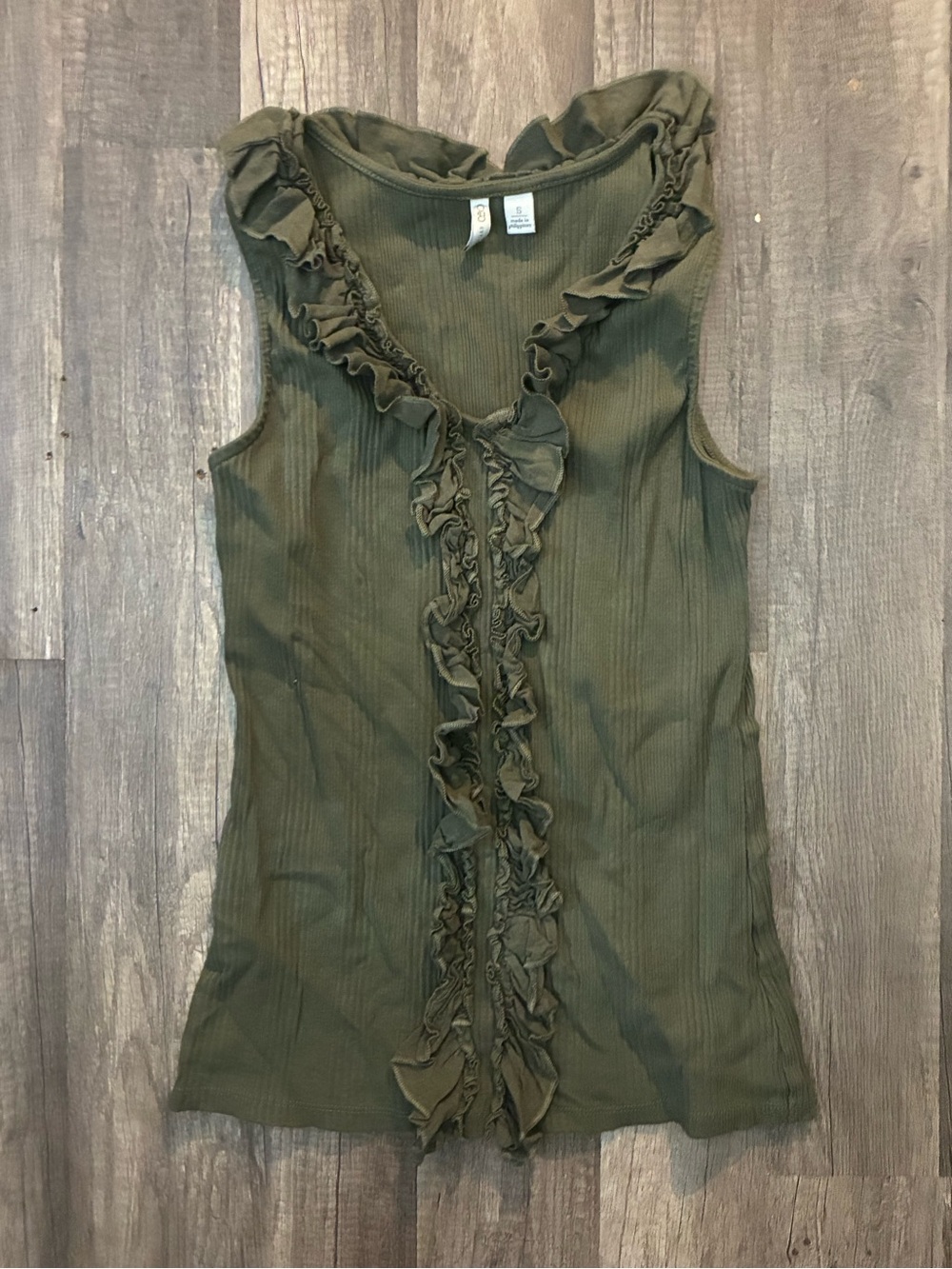 Cato Olive Ruffle-Trim Ribbed Tank